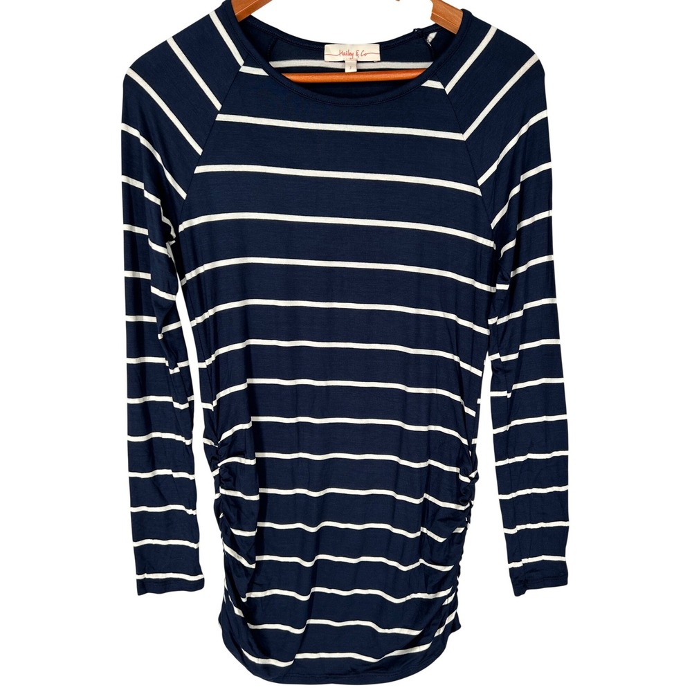 Hailey & Co Blue Dress White Stripes Long Sleeves Ruched Sides Women's S NWOT